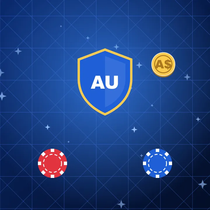 TrueBlue Casino Australia account Blue shield marked AU with casino chips and an A$ coin
